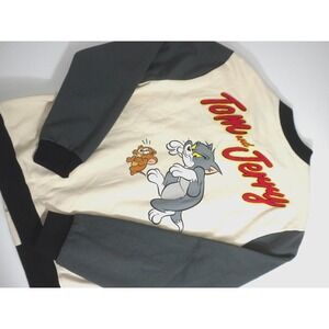 Tom And‎ Jerry Varsity Jacket Mens M Beige Gray Snap Applique Cartoon Cat Mouse